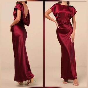 Lulus Captivating Presence Wine Red Satin Cowl Back Boat Neck Maxi Dress 2X